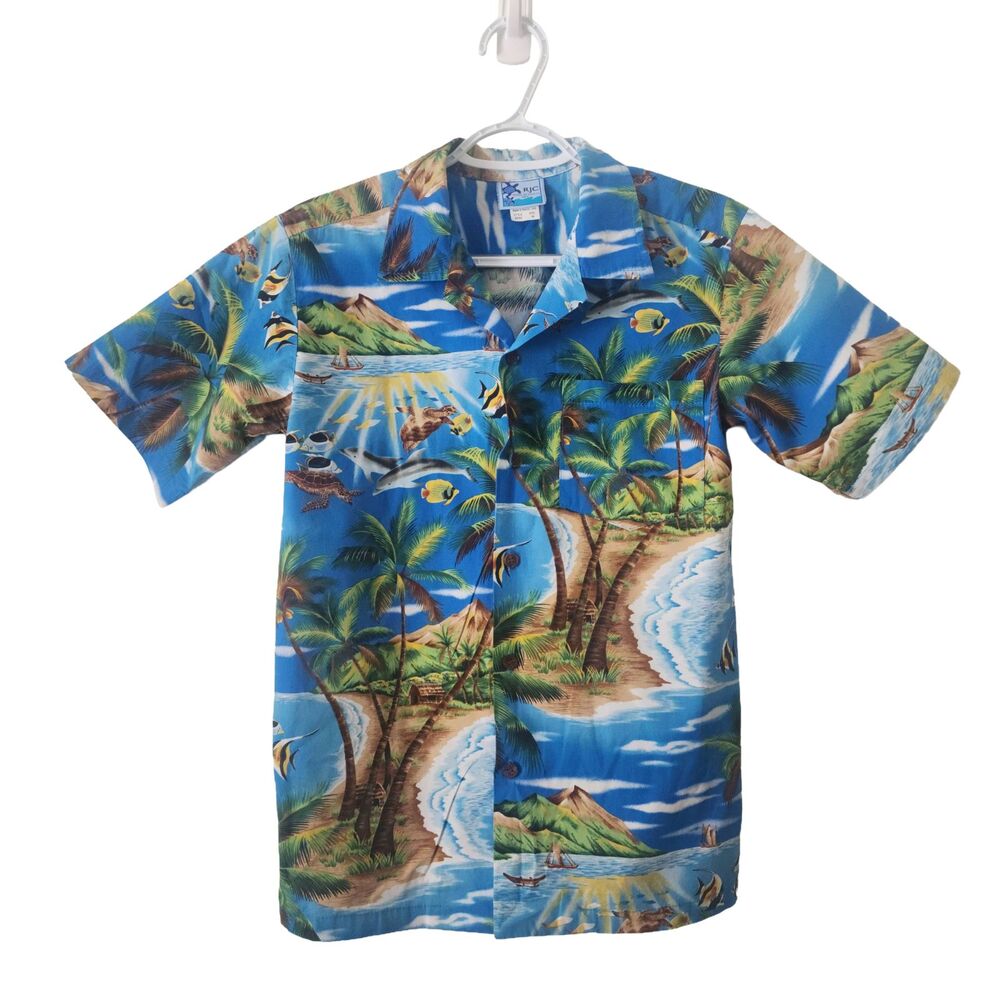 RJC Hawaiian Boy's Size 16 Button-Down Shirt Blue Cotton Short Sleeve USA Made